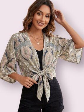 BCBGeneration Cropped Tie Front Paisley & Lace Kimono Top Size Large